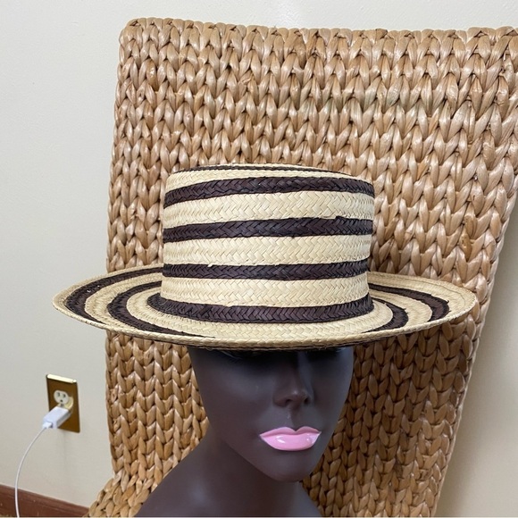 Vintage J Crew Cloche Black & Cream/Tan Stripe Straw Hat. Sz 8 main image 15